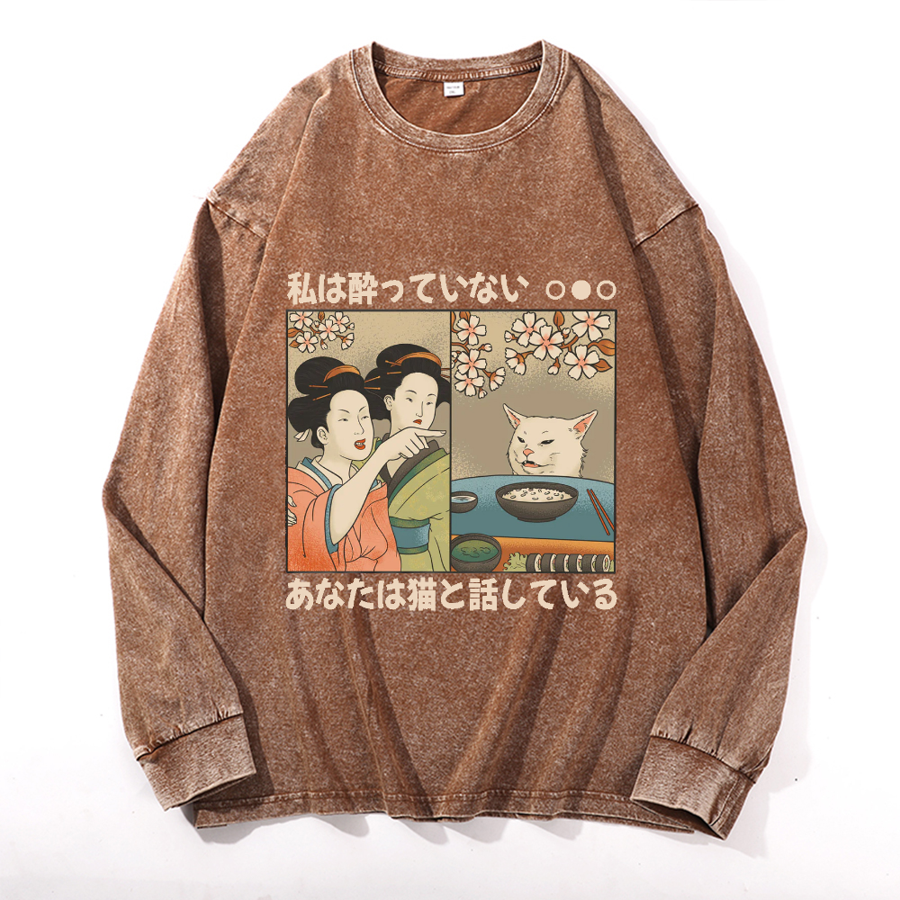 Woman Yelling Cat Vintage Cotton Wash Crewneck Long-Sleeve T-Shirt