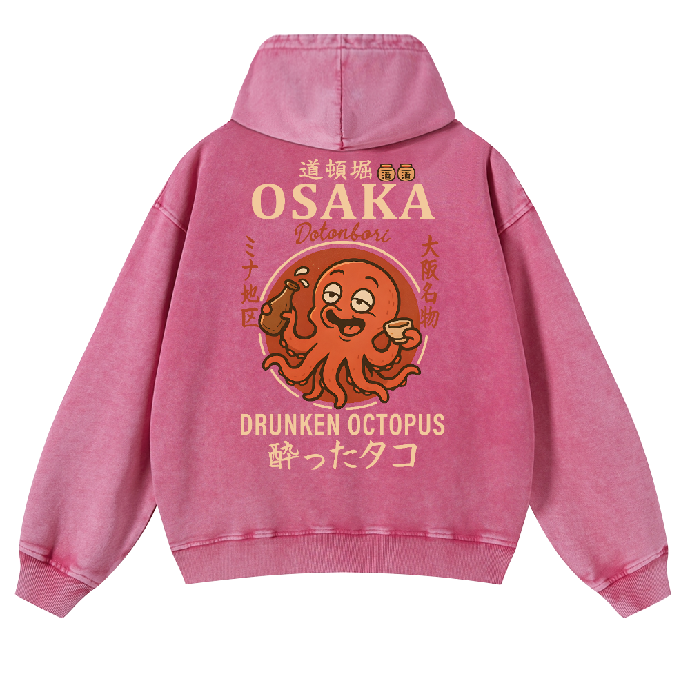 Osaka Dotonbori Drunken Octopus Vintage Washed Cotton Back Art Hoodie