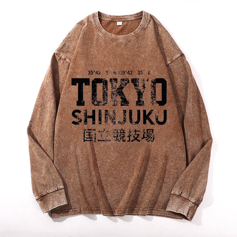 Tokyo Shinjuku Vintage Cotton Wash Crewneck Long-Sleeve T-Shirt