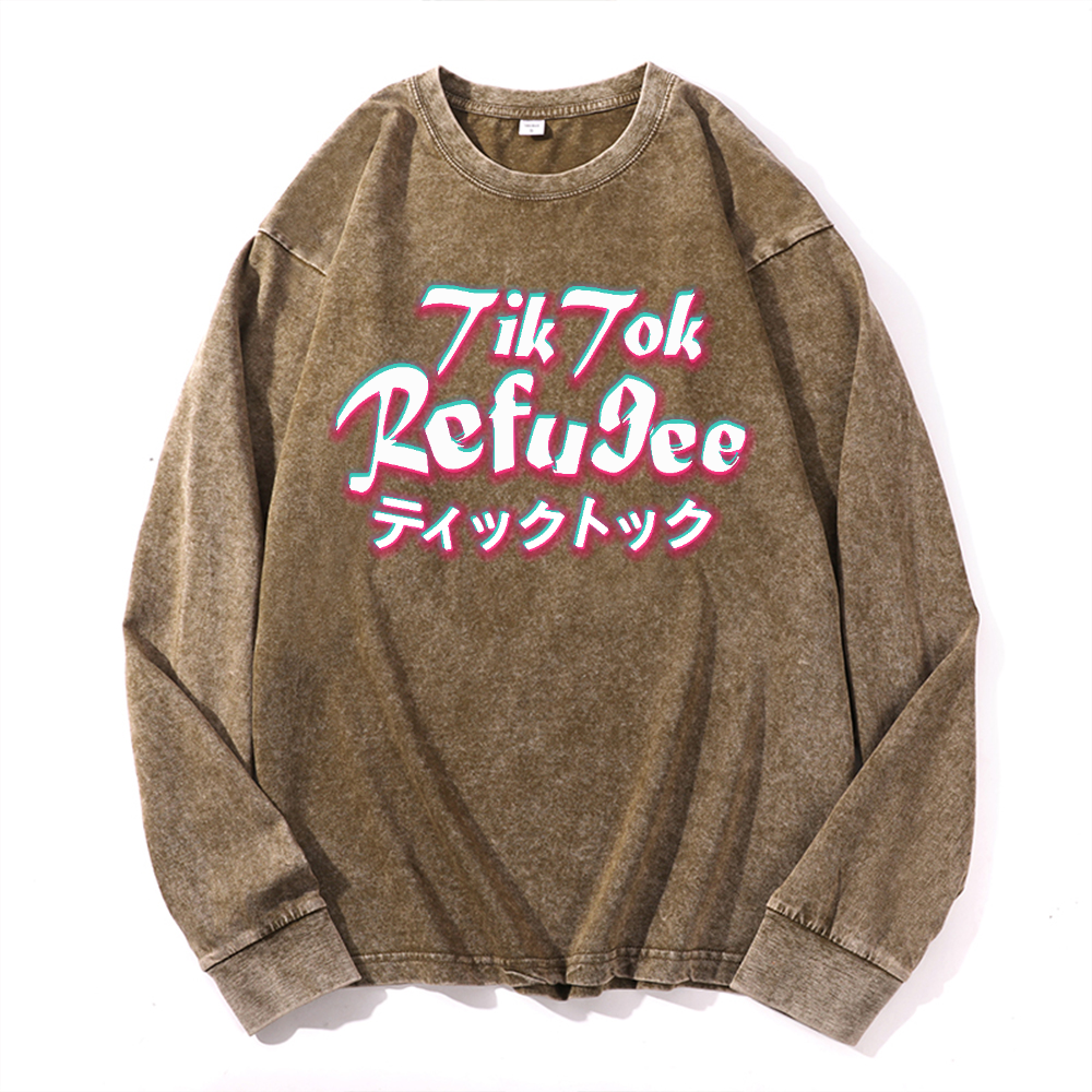 Tik Tok Refugee Vintage Cotton Wash Crewneck Long-Sleeve T-Shirt