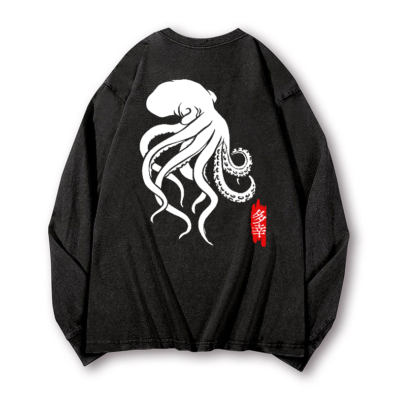Octopus Vintage Washed Cotton Back Art Long-sleeve T-shirt