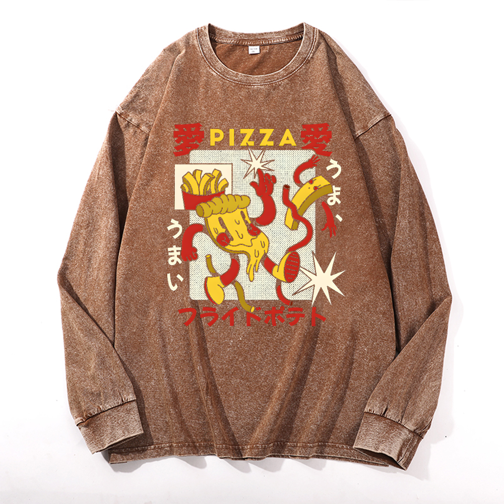 Pizza Vintage Cotton Wash Crewneck Long-Sleeve T-Shirt