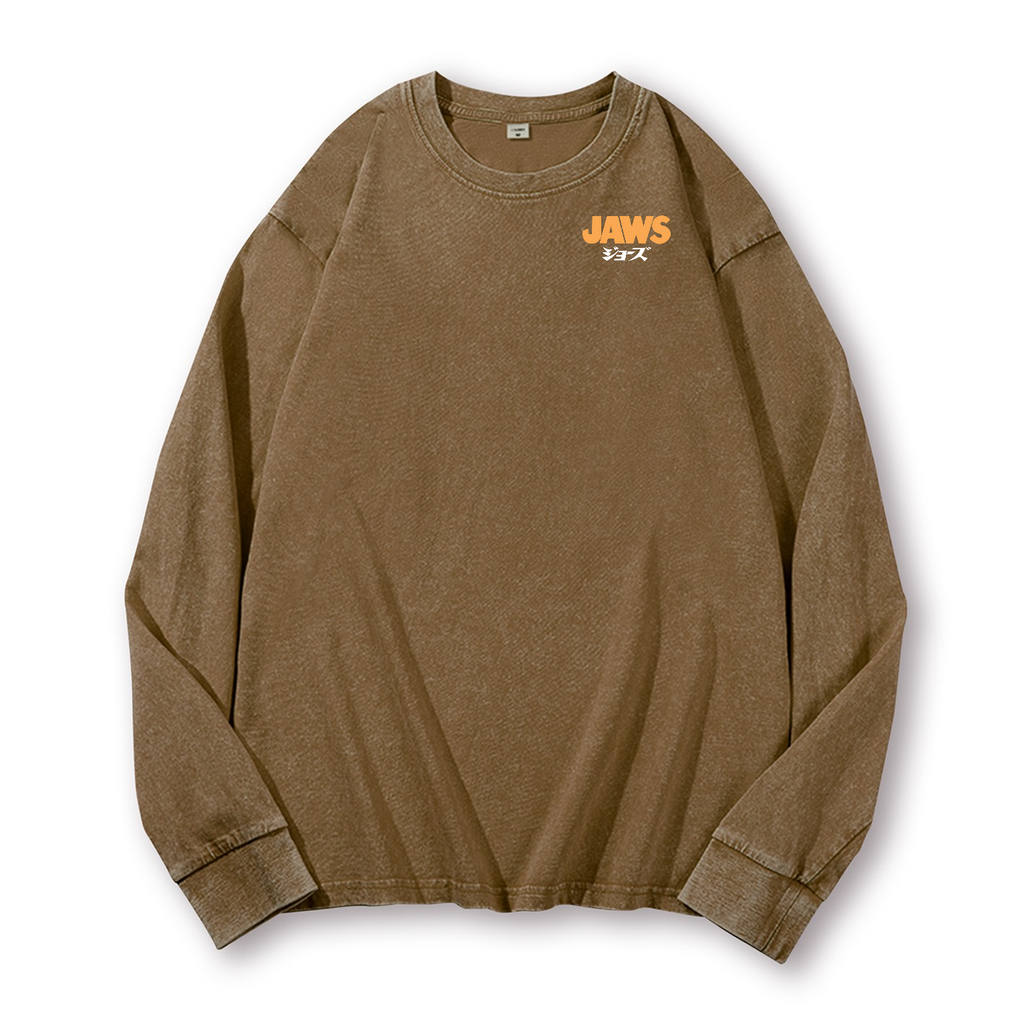 Jaws Shark Vintage Washed Cotton Back Art Long-sleeve T-shirt