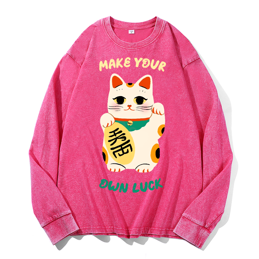 Lucky Cat Vintage Cotton Wash Crewneck Long-Sleeve T-Shirt