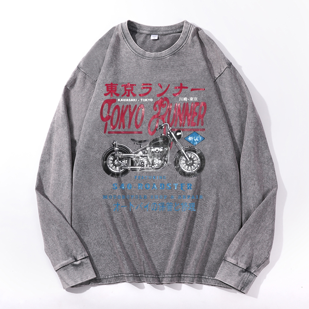 Tokyo Kawasaki S40 Repair Vintage Cotton Wash Crewneck Long-Sleeve T-Shirt