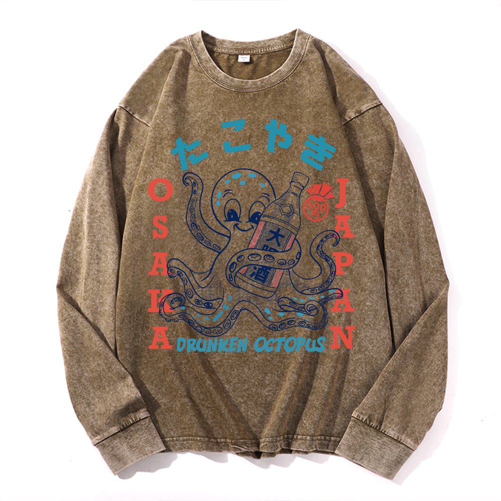 Drunken Octopus Vintage Cotton Wash Crewneck Long-Sleeve T-Shirt