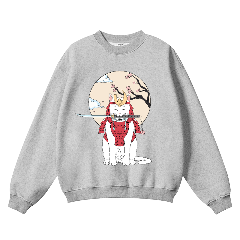 Cat Samurai Vintage Cotton Blend Crewneck Sweatshirt