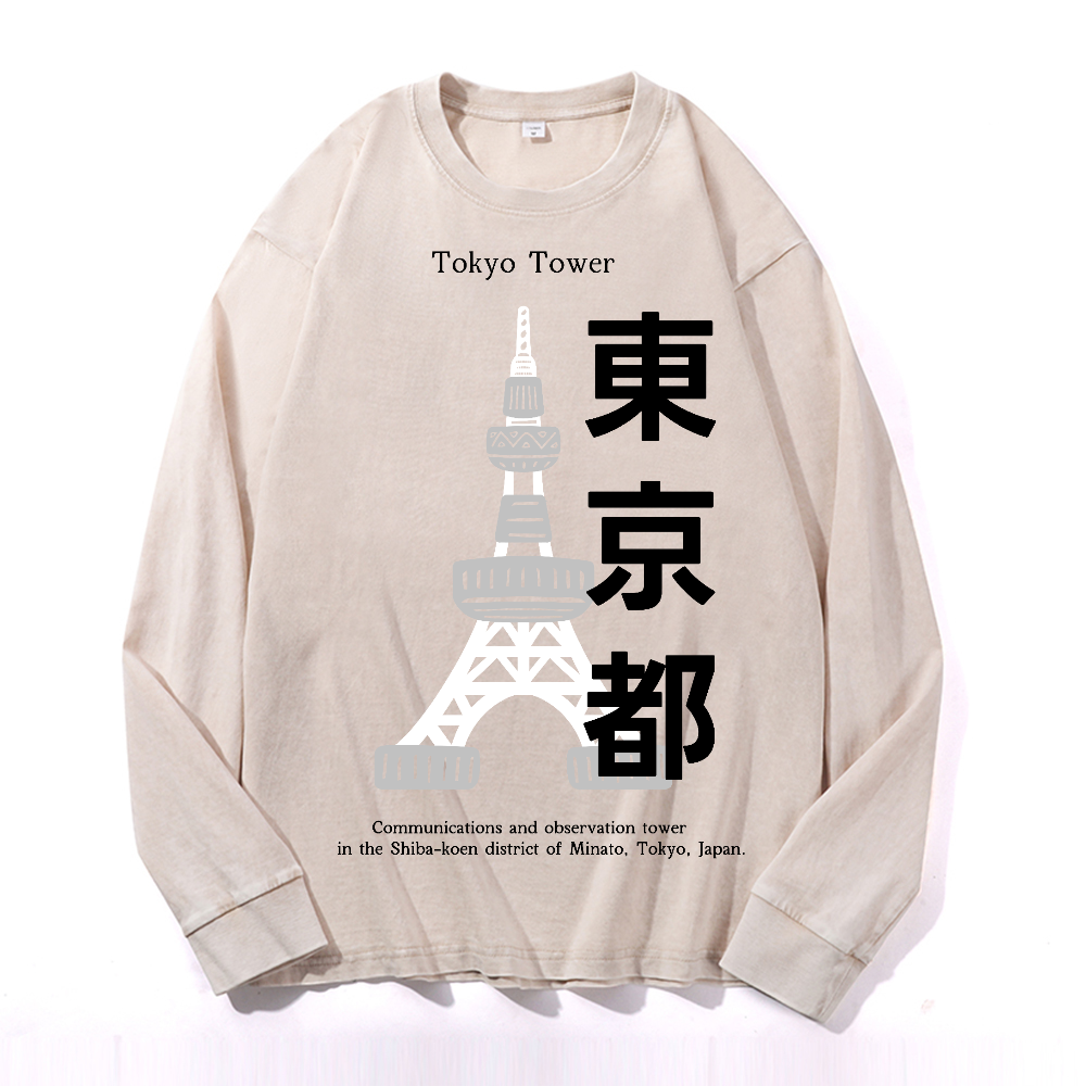 Tokyo Tower Vintage Cotton Wash Crewneck Long-Sleeve T-Shirt