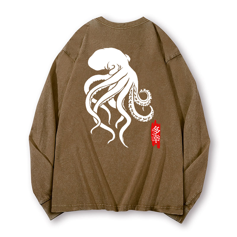 Octopus Vintage Washed Cotton Back Art Long-sleeve T-shirt