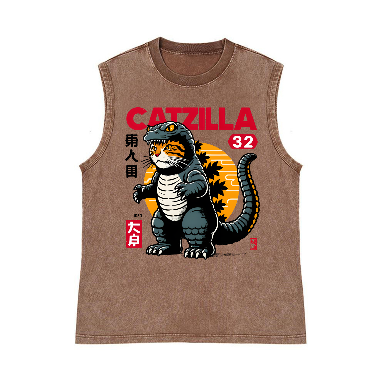Catzilla Cat Kaiju Pure Cotton Wash-Dyed Sleeveless Tank Top