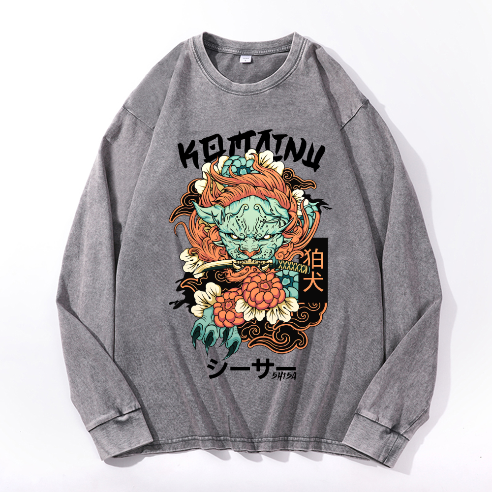 Komainu Vintage Cotton Wash Crewneck Long-Sleeve T-Shirt