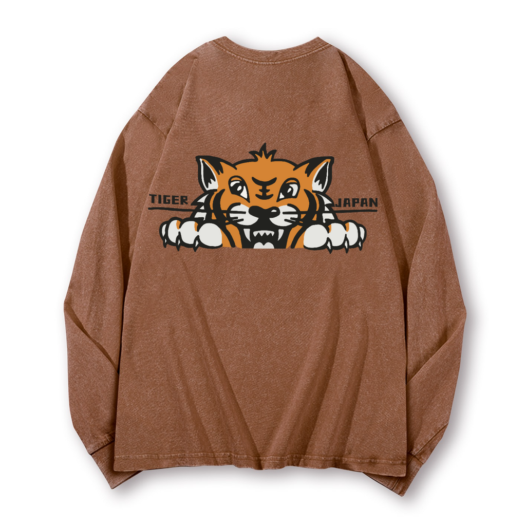 Japan Tiger Vintage Washed Cotton Back Art Long-sleeve T-shirt