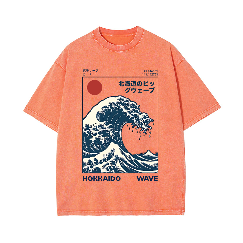 Hokkaido Wave Ukiyoe Vintage Wash Japanese Design T-Shirt