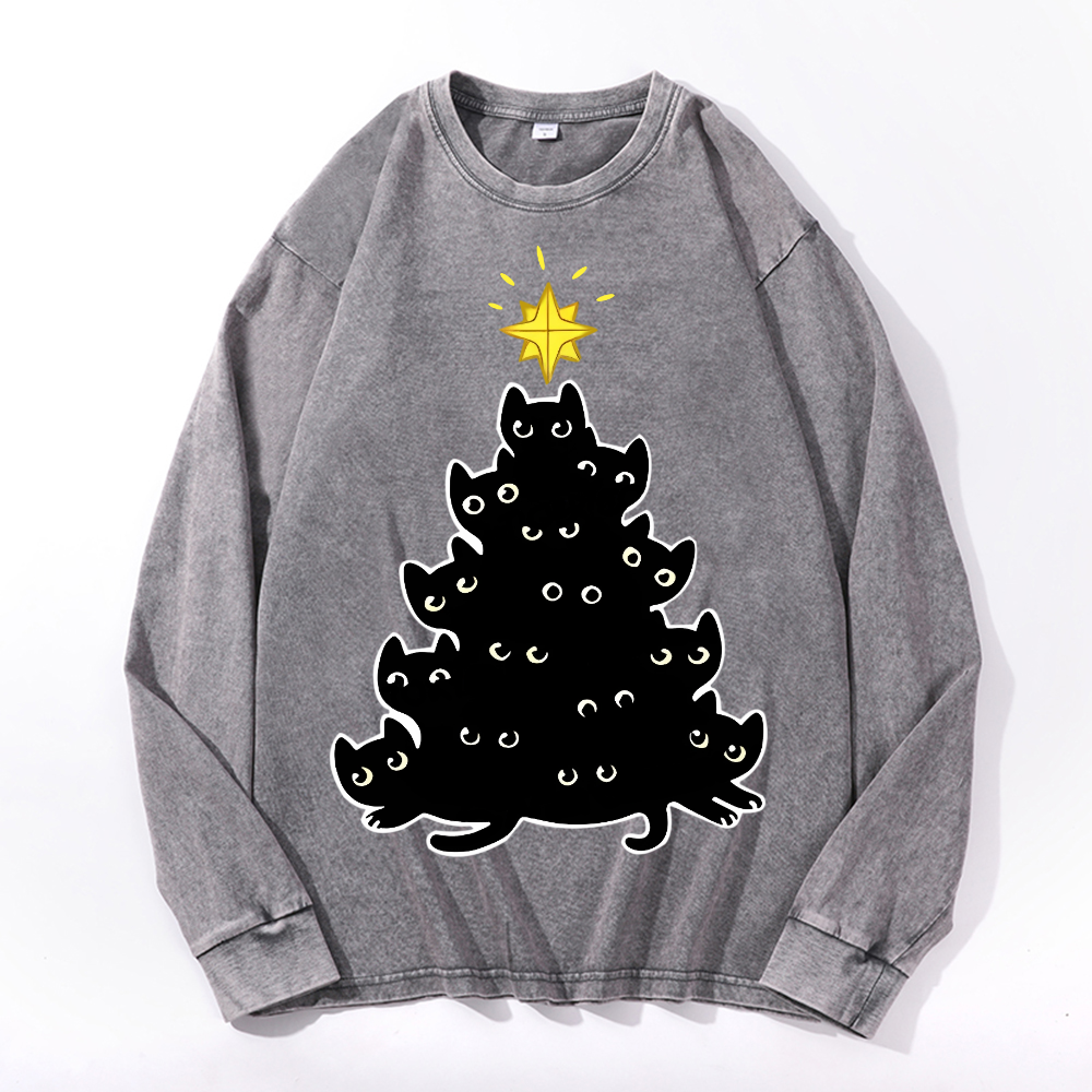 Cat Vintage Cotton Wash Crewneck Long-Sleeve T-Shirt