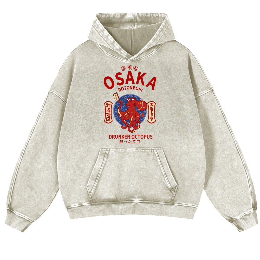 Osaka Dotonbori Drunken Octopus Vintage Washed Thick Cotton Hoodie