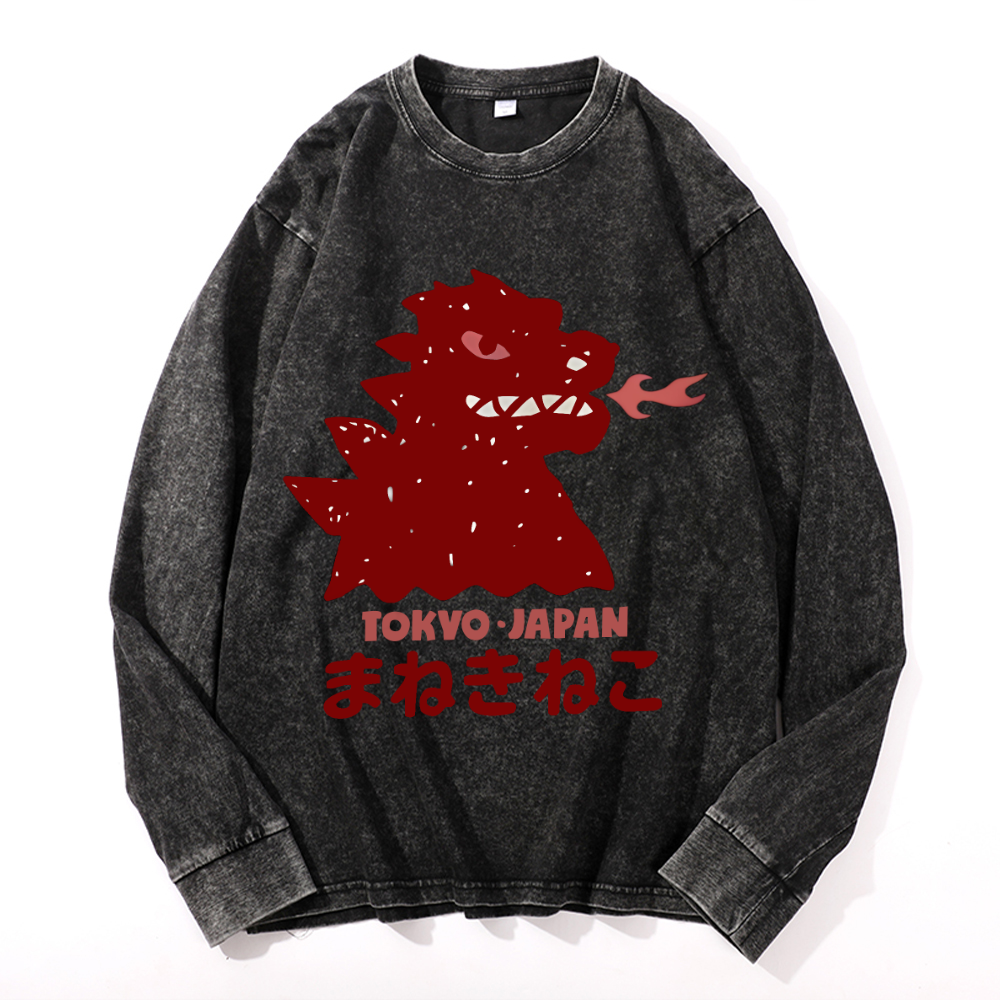Kaiju Vintage Cotton Wash Crewneck Long-Sleeve T-Shirt