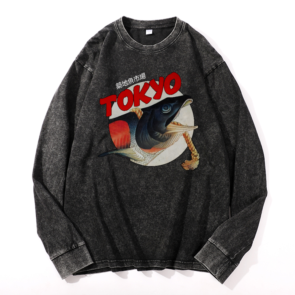 Tsukiji Market Vintage Cotton Wash Crewneck Long-Sleeve T-Shirt