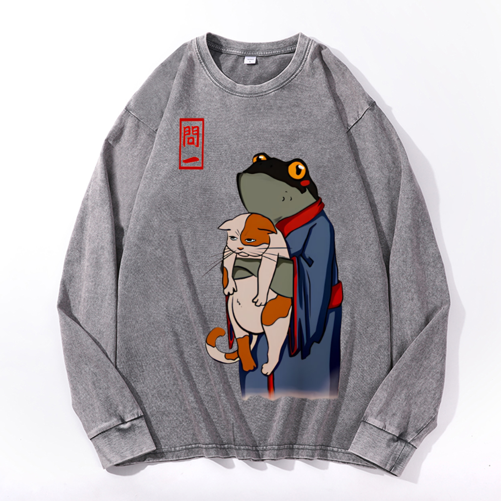 Frog Cat Vintage Cotton Wash Crewneck Long-Sleeve T-Shirt