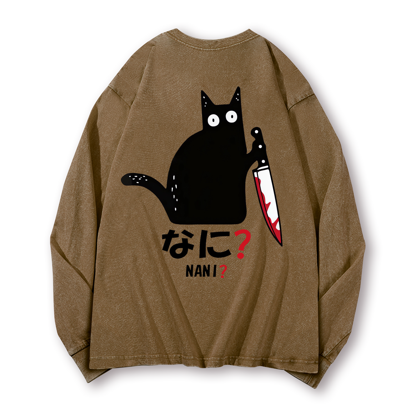The Black Cat with a Knife Vintage Washed Cotton Back Art Long-sleeve T-shirt