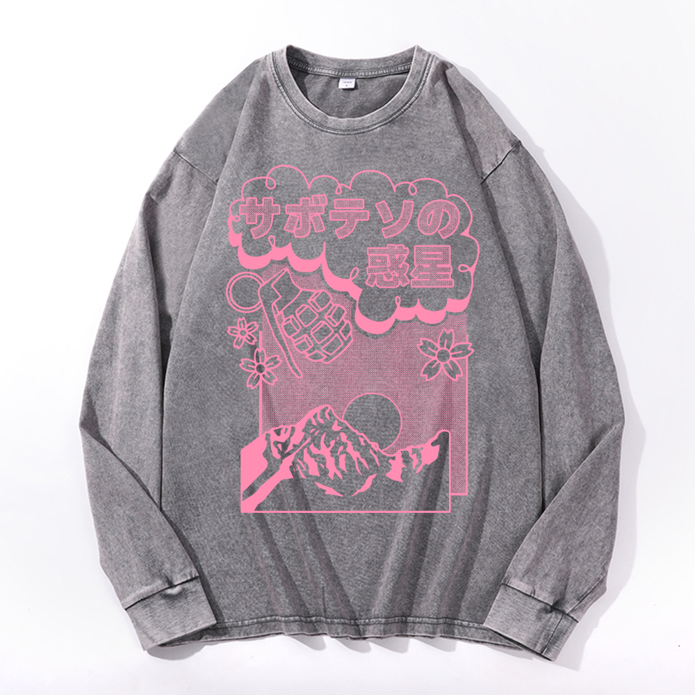 Sakura Vintage Cotton Wash Crewneck Long-Sleeve T-Shirt