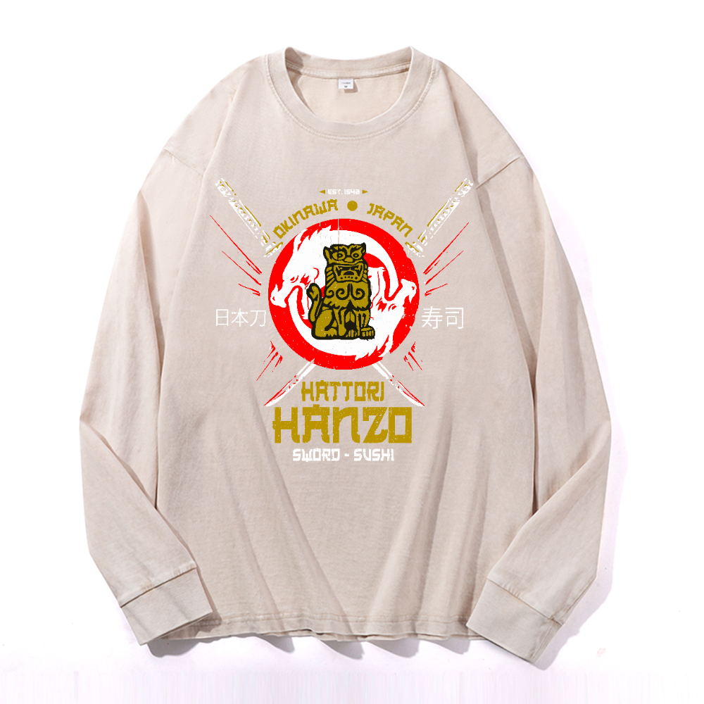 Okinawa Hattori Hanzo Komainu Vintage Cotton Wash Crewneck Long-Sleeve T-Shirt
