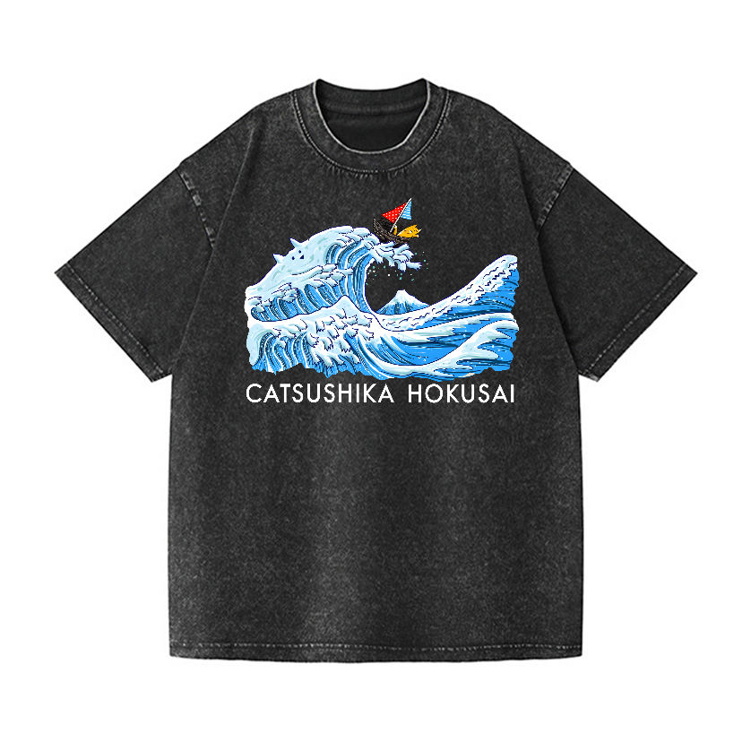 Catsushika Hokusai Cat Wave Vintage Wash Japanese Design T-Shirt