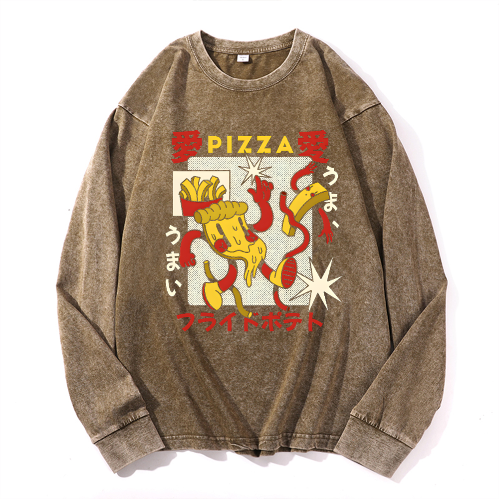 Pizza Vintage Cotton Wash Crewneck Long-Sleeve T-Shirt