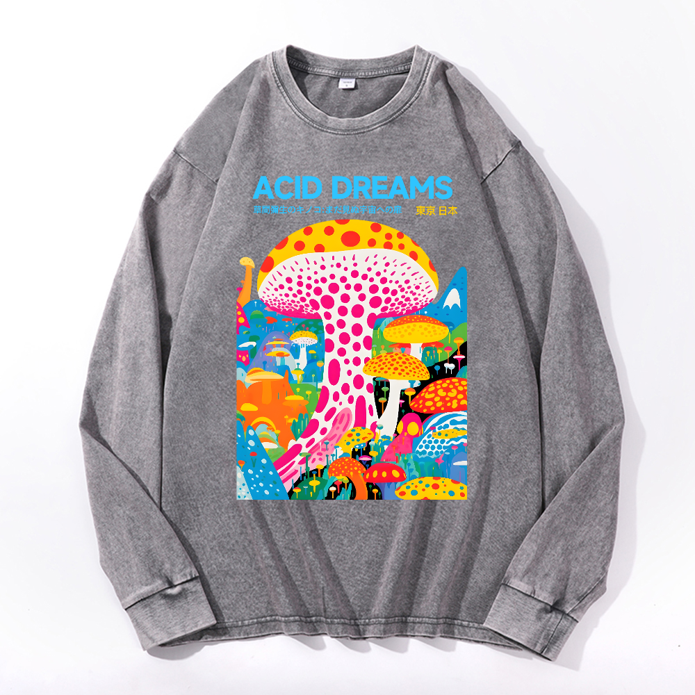 Yayoi Kusama Mushroom Vintage Cotton Wash Crewneck Long-Sleeve T-Shirt