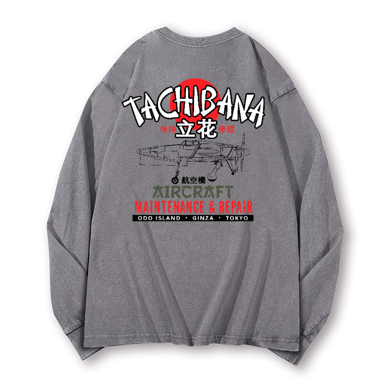 Tachibana Aircraft Vintage Washed Cotton Back Art Long-sleeve T-shirt