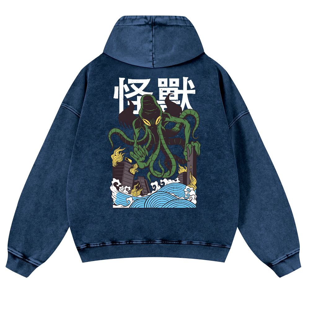 Octopus Monster Vintage Washed Cotton Back Art Hoodie