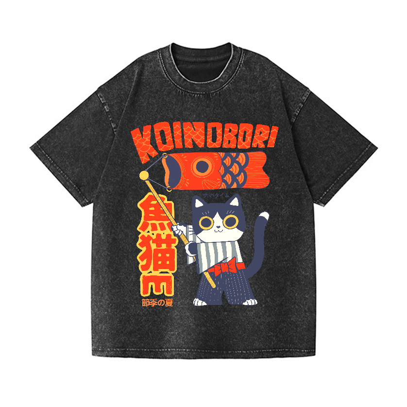 Koinobori Cat Vintage Wash Japanese Design T-Shirt