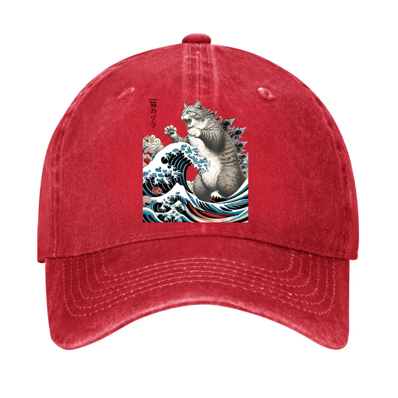 Cat Kaiju Ukiyoe Great Wave Vintage Cotton Hat