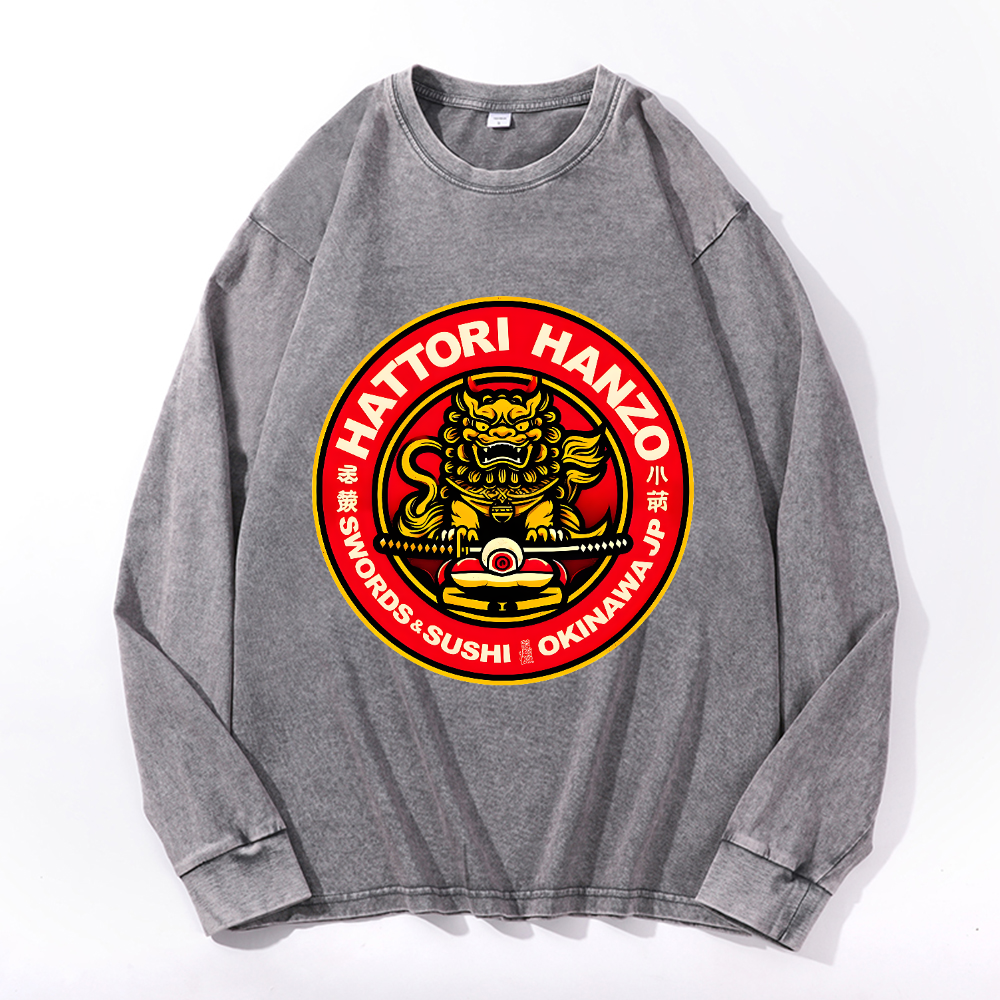 Hattori Hanzo Komainu Okinawa Japan Vintage Cotton Wash Crewneck Long-Sleeve T-Shirt