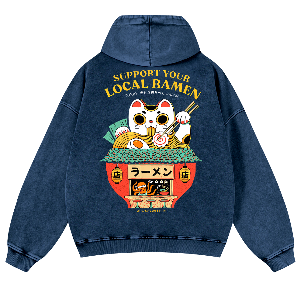Ramen Lucky Cat Vintage Washed Cotton Back Art Hoodie