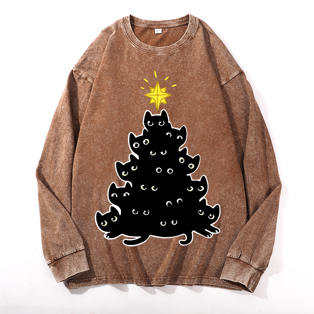 Cat Vintage Cotton Wash Crewneck Long-Sleeve T-Shirt