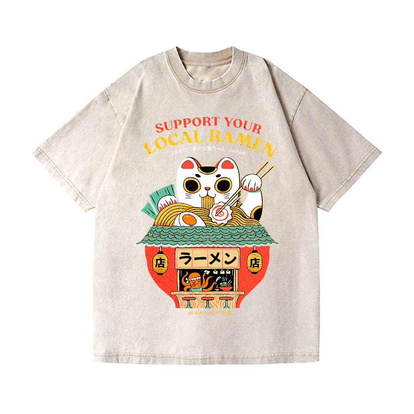 Ramen Lucky Cat Vintage Wash Japanese Design T-Shirt