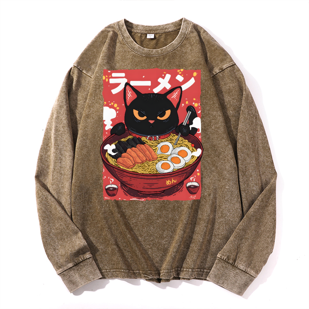Ramen Black Cat Vintage Cotton Wash Crewneck Long-Sleeve T-Shirt