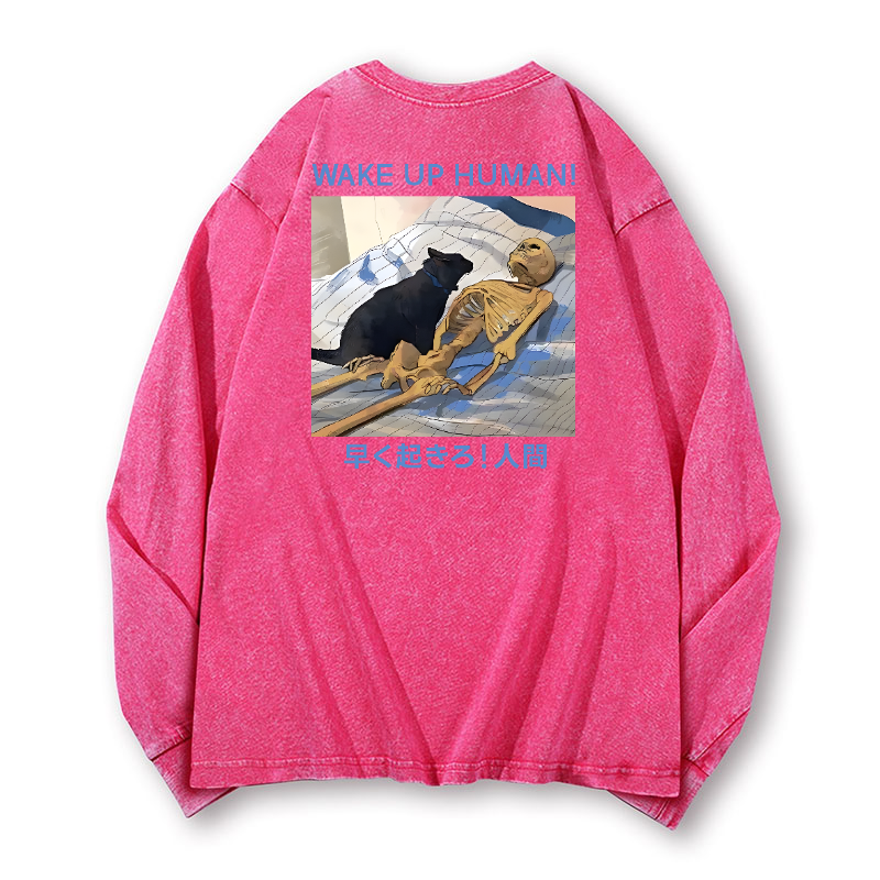 Wake Up Human Vintage Washed Cotton Back Art Long-sleeve T-shirt