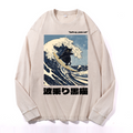 Black Cat Great Wave Vintage Cotton Wash Long-sleeve T-shirt