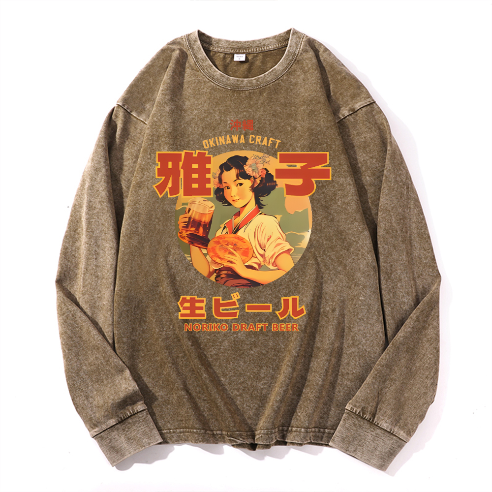 Okinawa Noriko Draft Beer Vintage Cotton Wash Long-sleeve T-shirt