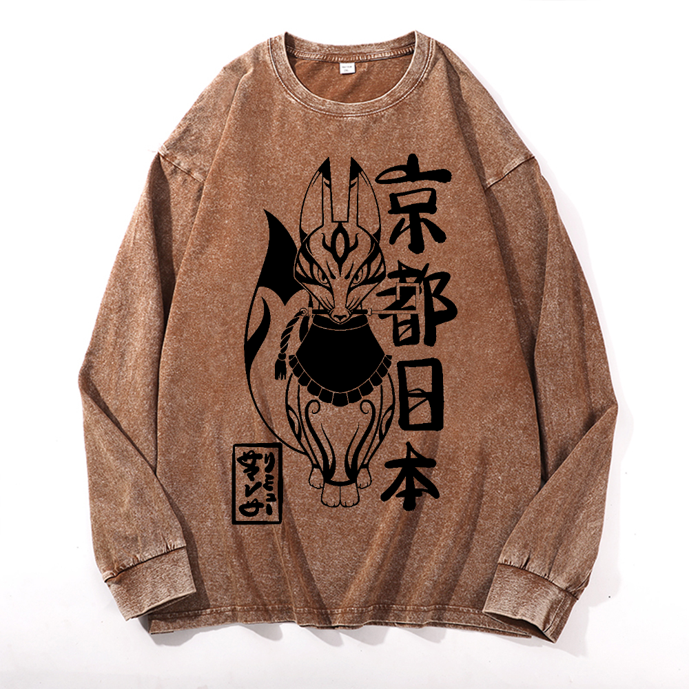 Kyoto Kitsune Vintage Cotton Wash Crewneck Long-Sleeve T-Shirt