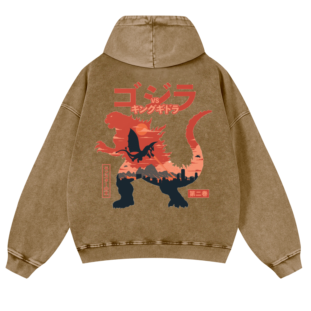 Kaiju vs. King Ghidorah Showdown Vintage Washed Cotton Back Art Hoodie
