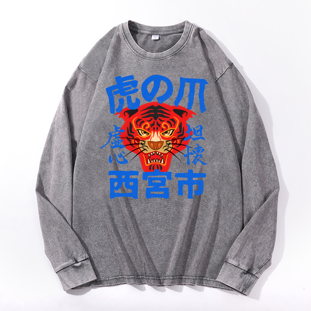 Tiger Vintage Cotton Wash Crewneck Long-Sleeve T-Shirt