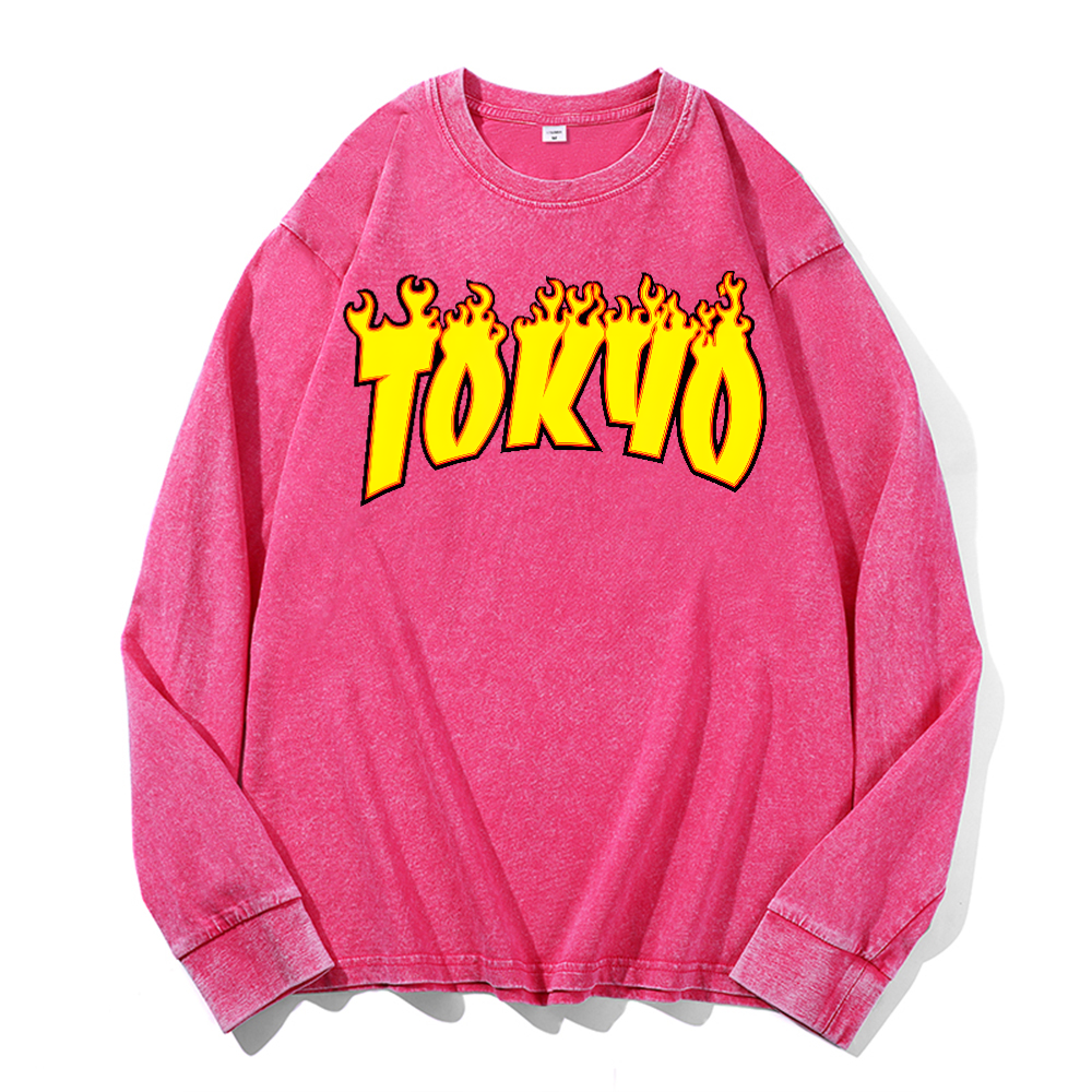 Tokyo Vintage Cotton Wash Crewneck Long-Sleeve T-Shirt