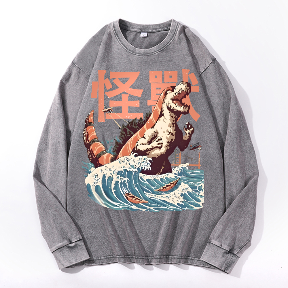 Kaiju Sushi Monster Wave Vintage Cotton Wash Crewneck Long-Sleeve T-Shirt