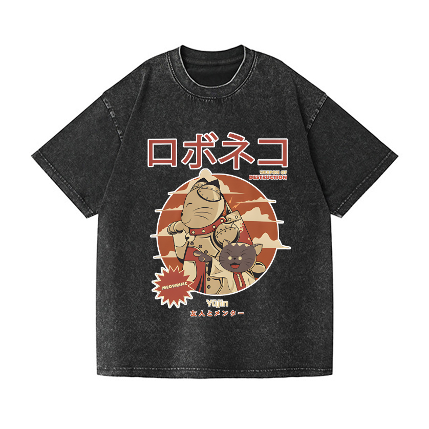 Cat Robot Vintage Wash Japanese Design T-Shirt