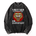 Nanakorobi Yaoki Tiger Vintage Cotton Wash Crewneck Long-Sleeve T-Shirt