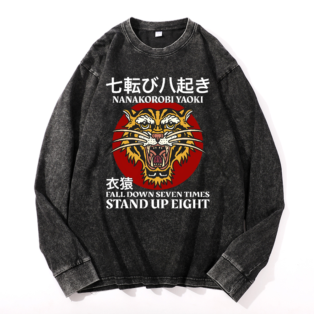 Nanakorobi Yaoki Tiger Vintage Cotton Wash Crewneck Long-Sleeve T-Shirt