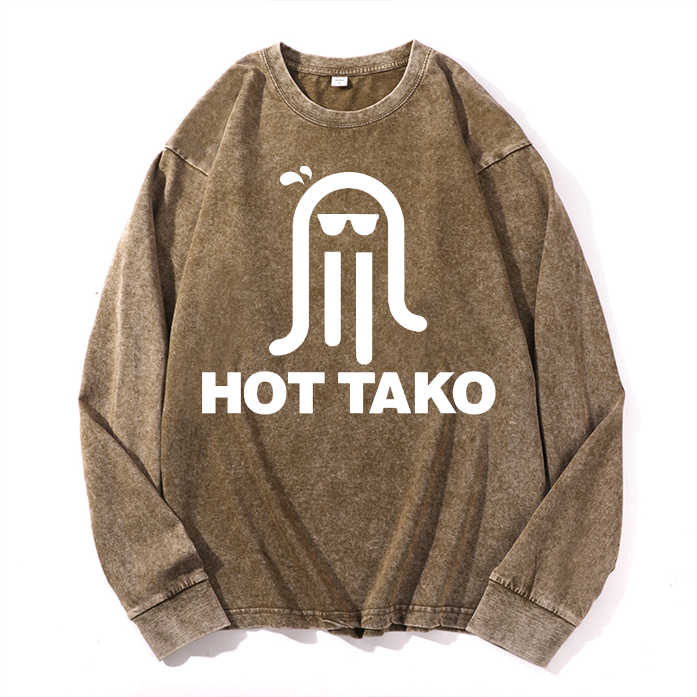 Hot Tako Octopus Vintage Cotton Wash Crewneck Long-Sleeve T-Shirt