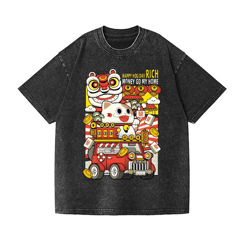 Lucky Cat Vintage Wash Japanese Design T-Shirt